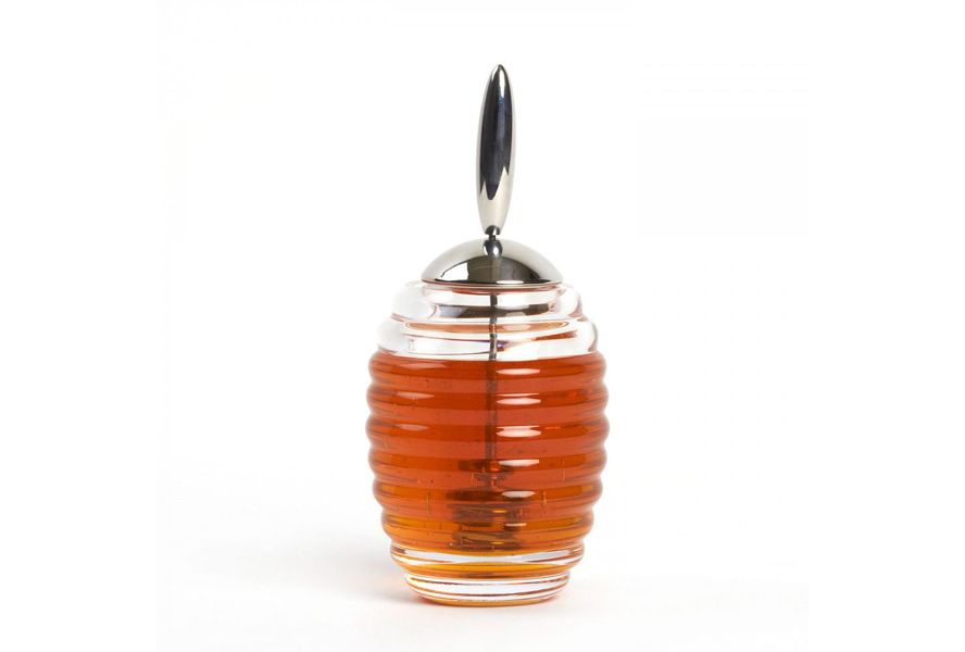 Honey Pot - Contenitore per miele in cristallo con dosatore e coperchio in acciaio